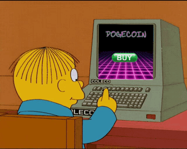 a cartoon character is using a computer with a buy button on the screen