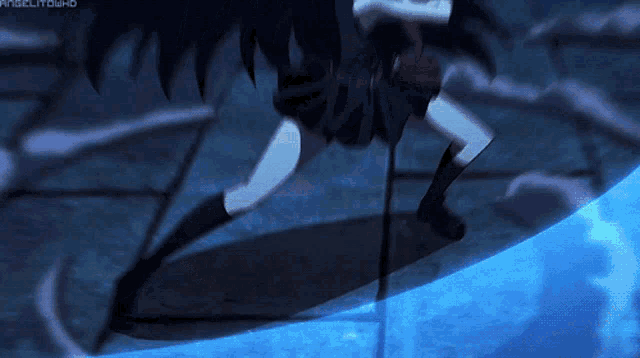 a girl in a school uniform is standing in a dark room with a blue background
