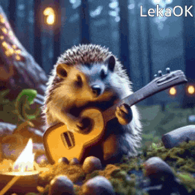 a hedgehog playing a guitar in the woods