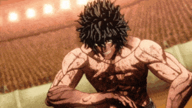 a man with a lot of blood on his body is standing in front of a crowd
