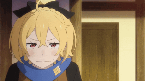 a girl with yellow hair and red eyes is wearing a scarf around her neck
