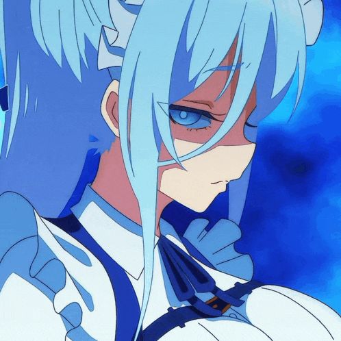 a close up of a blue haired anime girl