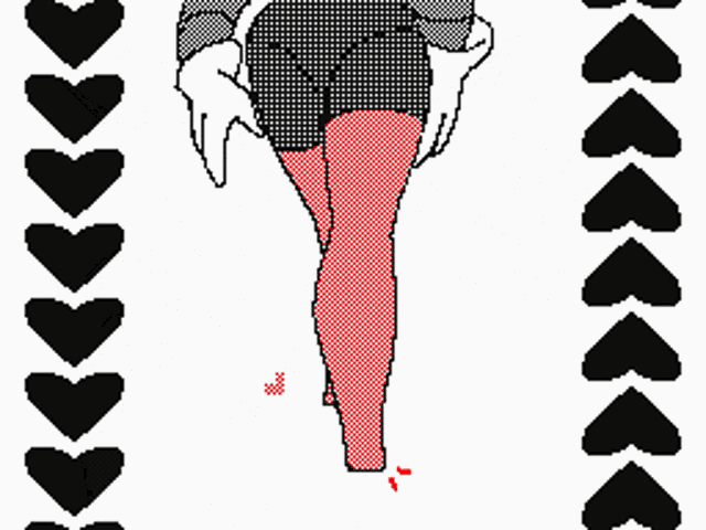 a pixel art drawing of a person with a red and white chevron background