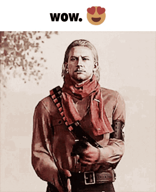 a man with a scarf around his neck is holding a gun with the words wow written above him