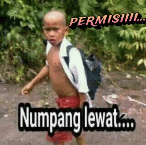 a shirtless boy with a backpack is walking down a dirt road with the words " numpang lewat " written below him
