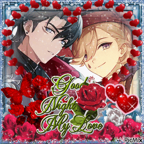 a picture of two anime characters with the words good night my love in the corner