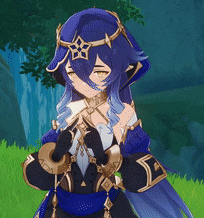 a cartoon character with blue hair and a star on her head is standing in the grass .
