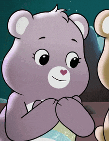 a purple care bear with a heart on its nose