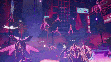 a computer generated image of a futuristic city with purple lights and a monster .