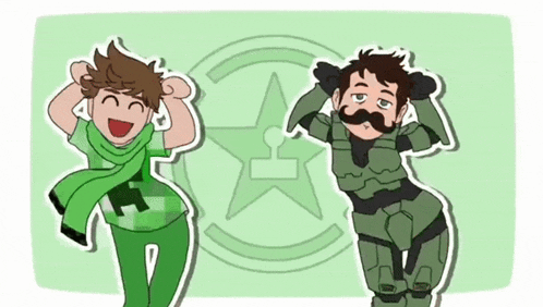 a cartoon of two men standing next to each other with their hands on their head .