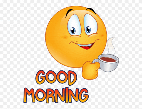 a smiley face is holding a cup of coffee and the words good morning are below it
