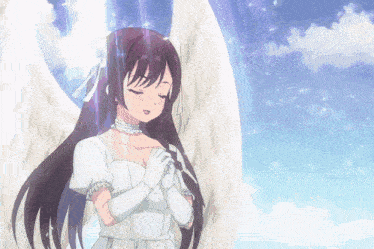 a girl in a white dress with angel wings prays with her eyes closed