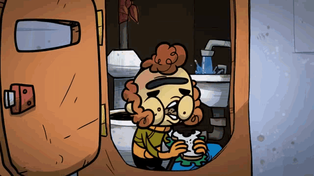 a cartoon of a man holding a piece of paper in a bathroom