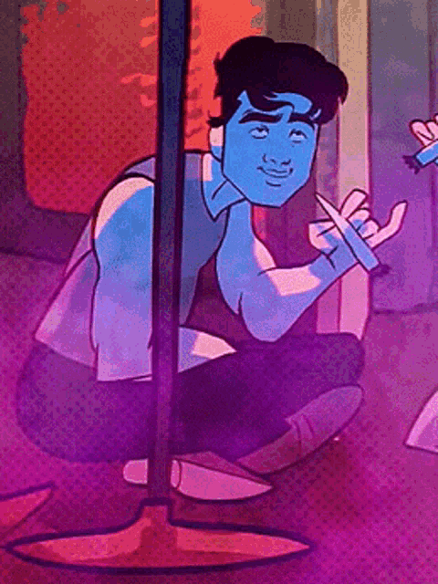 a cartoon of a man with a blue face sitting on the floor