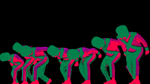 a drawing of a person in a green and purple suit