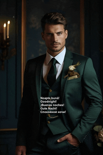 a man in a green suit is standing in a room