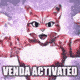 a red cat is standing in front of a purple background with the words `` venda activated '' written on it .