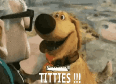 a cartoon dog is talking to a man and says titties
