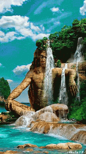 a waterfall with a statue of a man in front of it and the number 73 on the bottom right