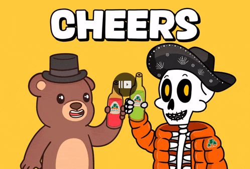 a cartoon of a bear and a skeleton toasting with a bottle of jarritos