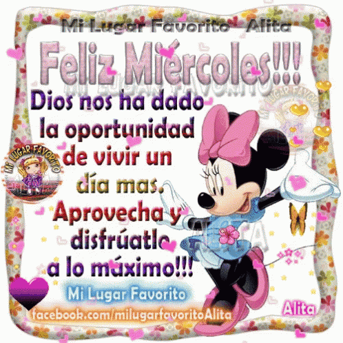 a picture of minnie mouse says feliz miercoles on it