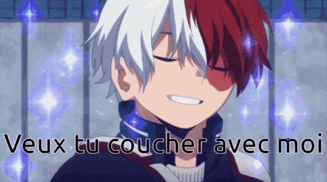 a picture of a boy with the words " veux tu coucher avec moi " on it