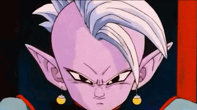 a close up of a cartoon character 's face with purple hair and earrings .