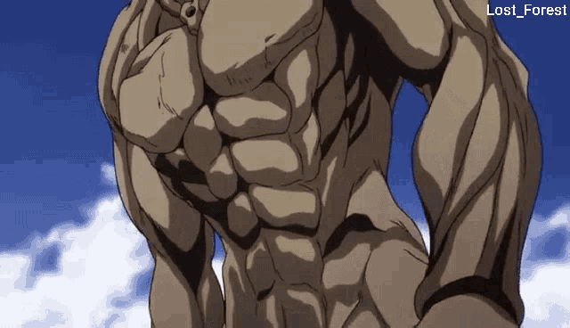a picture of a man 's torso with the words lost forest on the bottom right