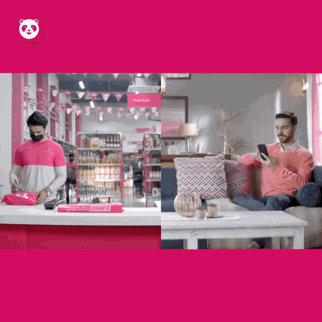 a man is sitting on a couch looking at his phone while another man is standing in front of a panda mart counter