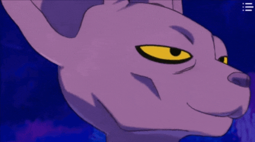 a purple cat with yellow eyes and a purple background