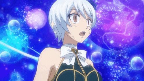 a girl with white hair is surrounded by bubbles