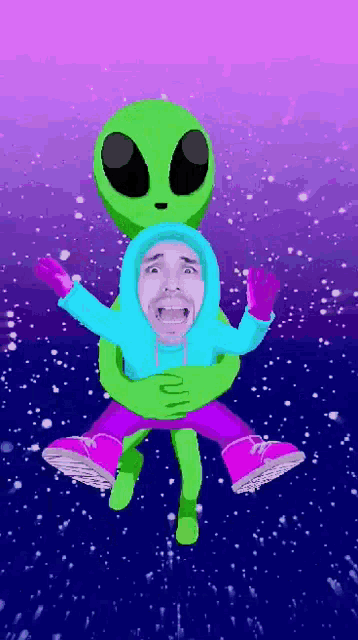 a cartoon of an alien carrying a person with a hoodie on