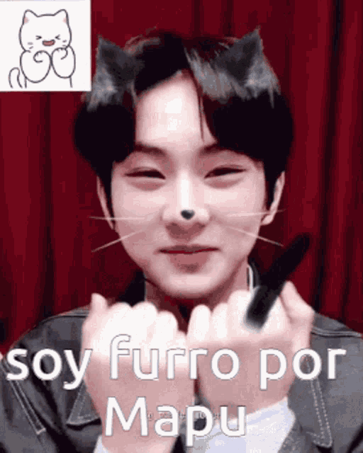 a young man wearing a cat mask with the words soy furro por mapu
