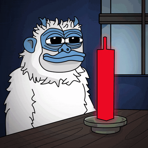 a cartoon of a yeti looking at a red candle on a table
