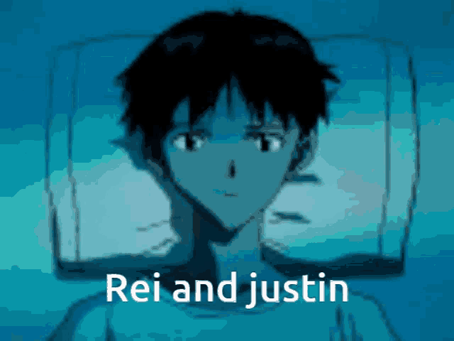 a picture of a boy with the words rei and justin written on it