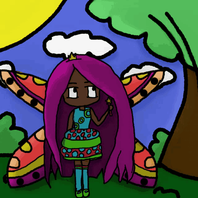 a cartoon drawing of a girl with purple hair and wings