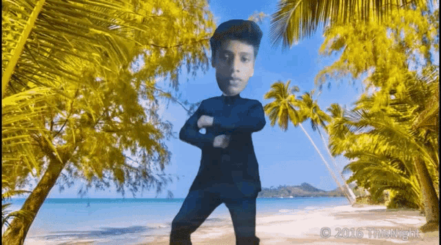 a man in a suit stands on a beach with palm trees