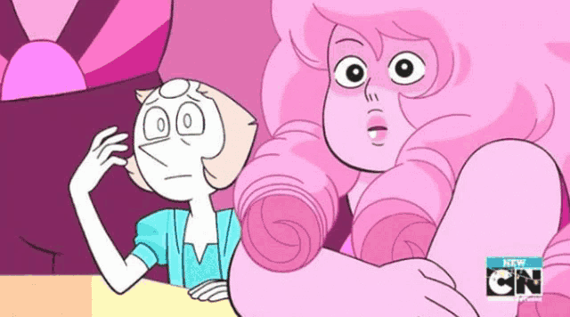 a cartoon of a pearl and a pink cartoon character with the words new cn on the bottom