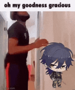 a man with a beard is standing next to a little boy with blue hair and says `` oh my goodness gracious '' .