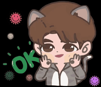 a cartoon character with a cat ear and the word ok