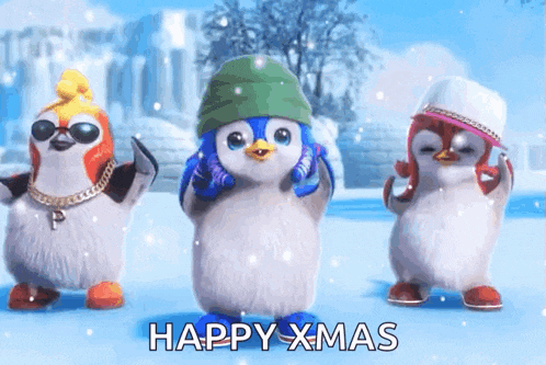 three penguins wearing hats and sunglasses are dancing in the snow with the words happy xmas in the background