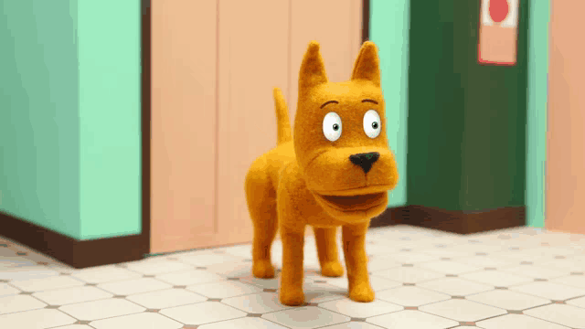 a stuffed dog is standing on a tiled floor in front of an elevator