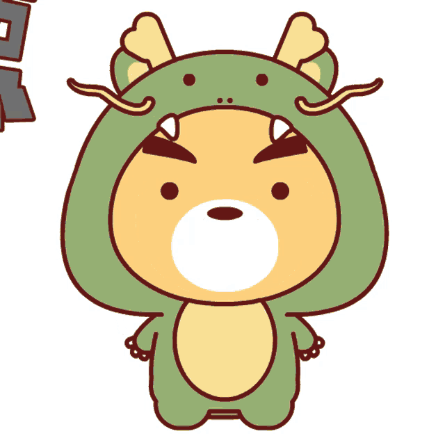 a cartoon of a bear dressed as a dragon with the letter h behind him