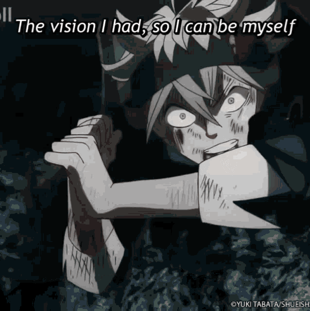 a black and white anime character with the words " the vision i had so i can be myself "