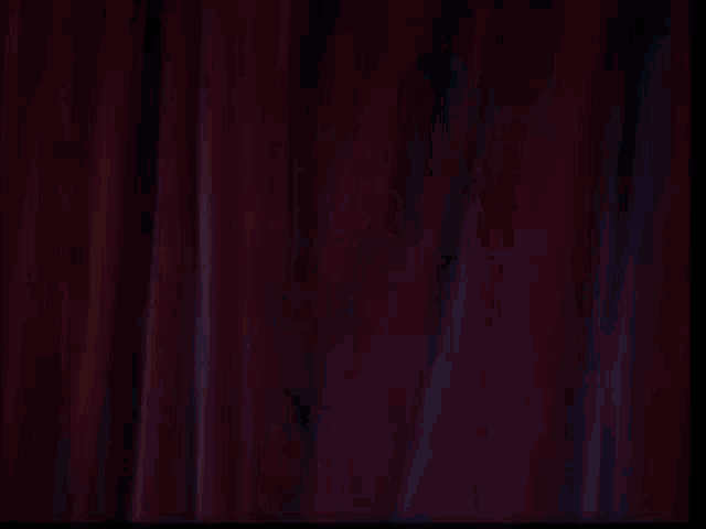 a man is standing on a stage with a red curtain behind him .