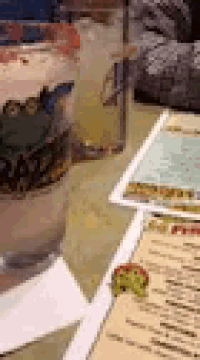 a frog is sitting on a table next to a menu and a glass of water .