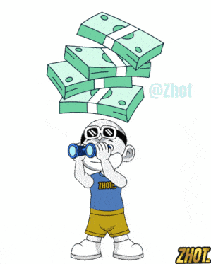 a cartoon of a boy looking through binoculars with a stack of money behind him