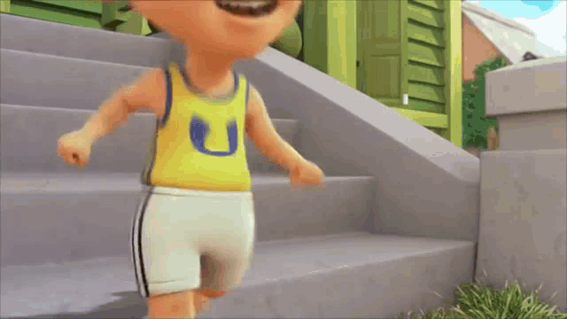 a cartoon character is running down a set of stairs with a ruler in his hand .