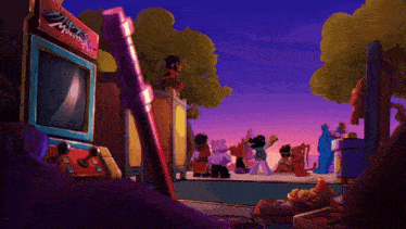 a pixel art drawing of sesame street characters in front of an arcade game
