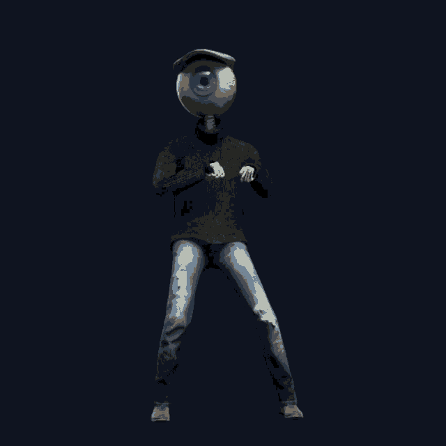 a man with an eye on his head is wearing a black sweater and jeans